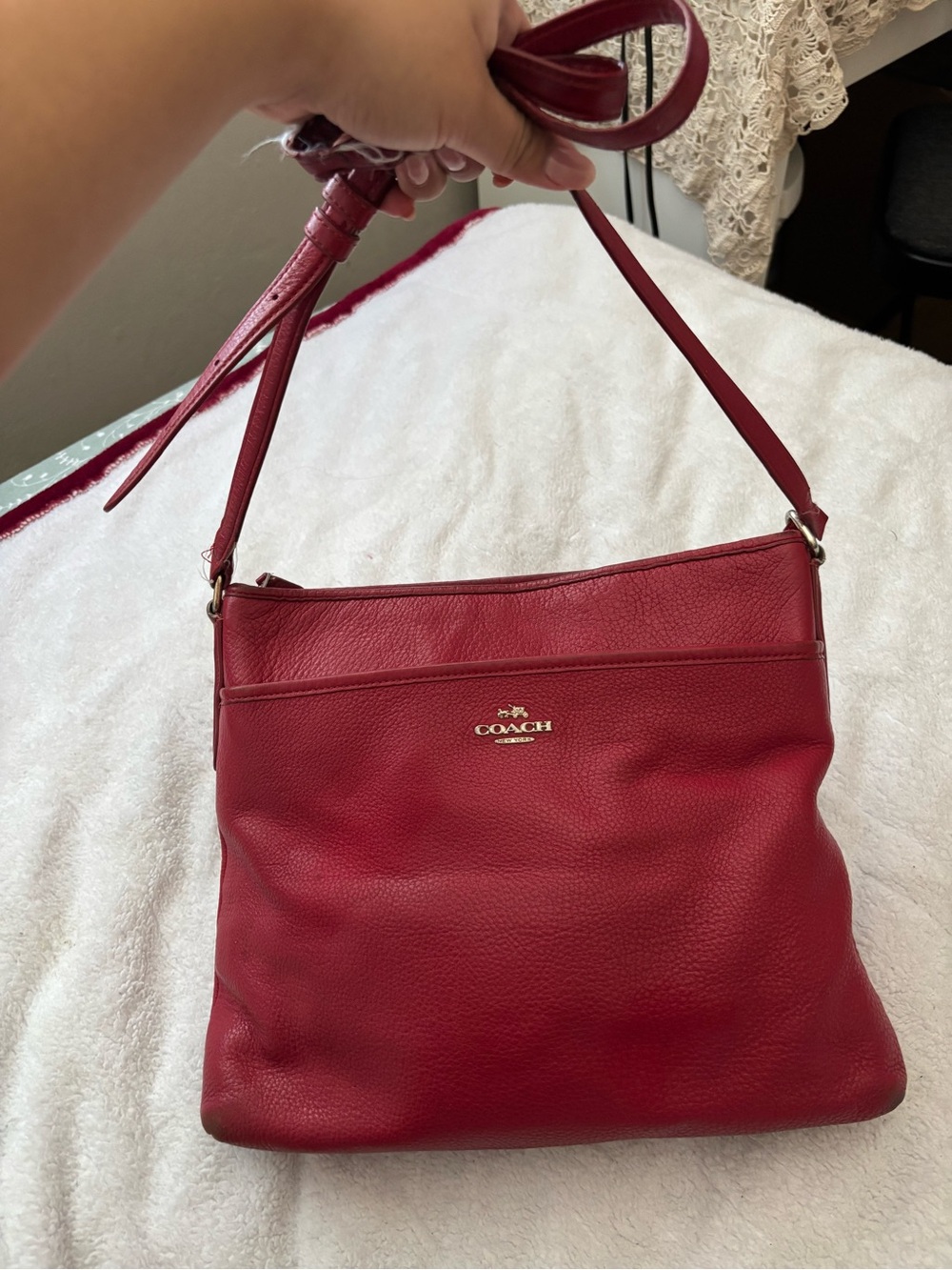 Coach Red Pebbled Leather Shoulder Bag with Gold Logo